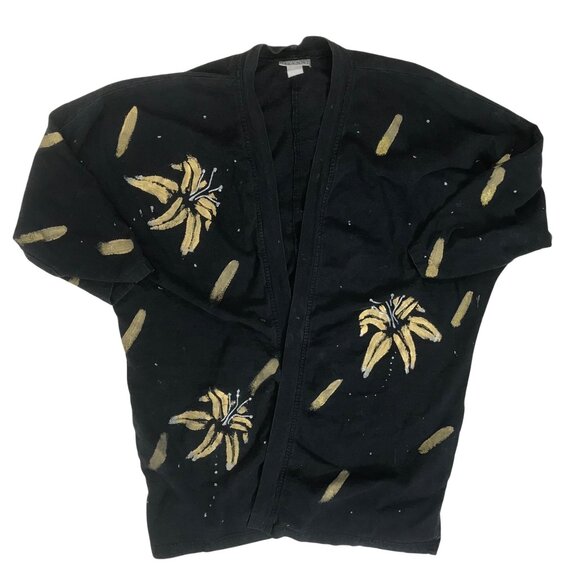 Vintage 80s 90s Black Floral Painted Retro Grunge Artsy Oversized Cardigan / 3X - Picture 6 of 8